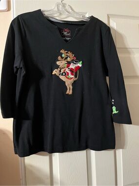 Allyson Whitmore Black Long Sleeve Top with Embroidered Reindeer